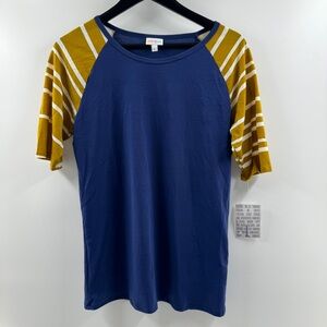 LuLaRoe Gigi Top Blue Mustard Striped Sleeves Size Large Brand New With Tags